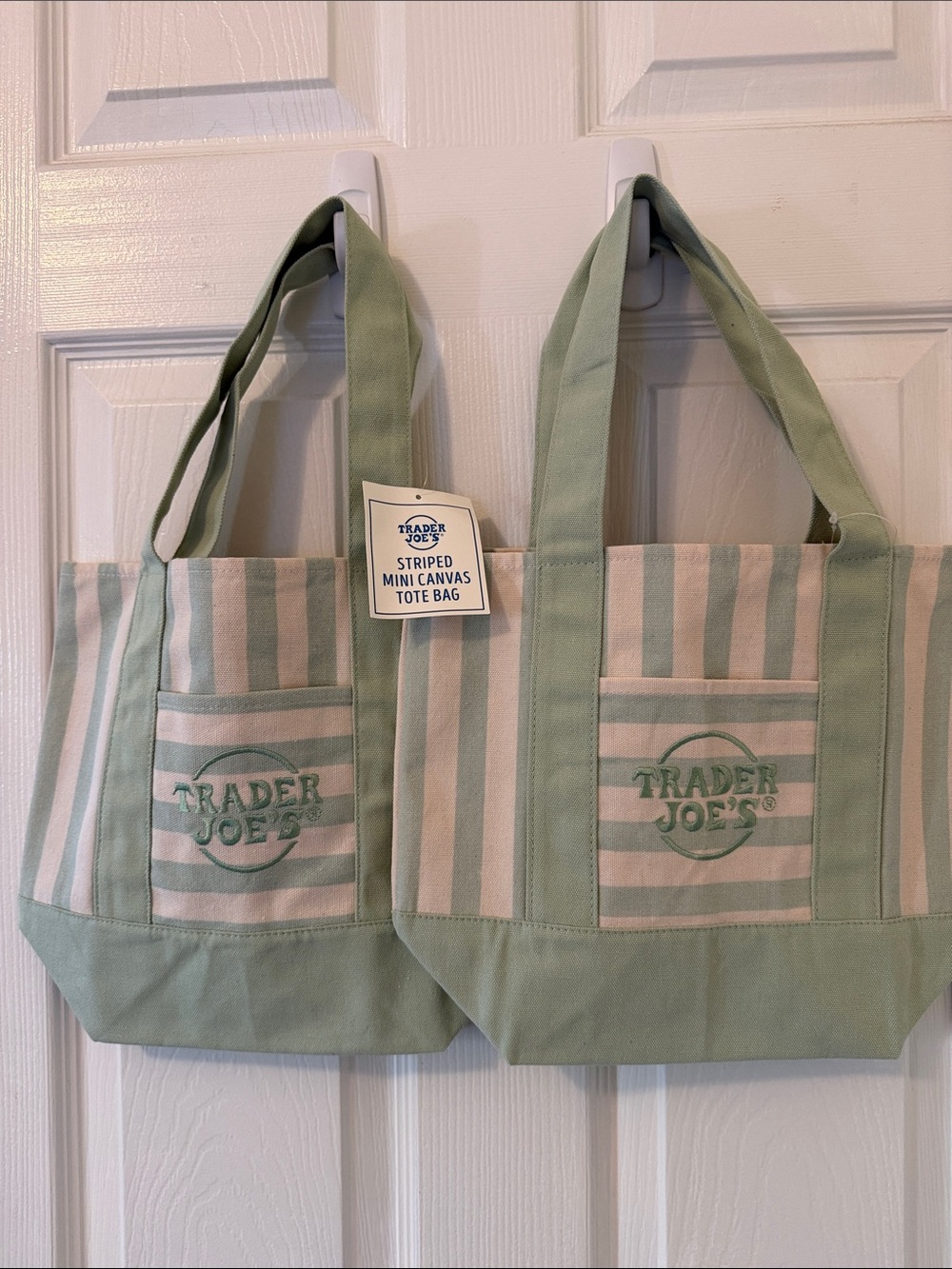 Trader Joe's Striped Mini Canvas Tote Bag in Sage set of two NWT